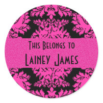 Hot Pink and Black Damask Round Sticker