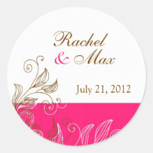 Hot Pink and Brown Floral Wedding Label Round Stickers