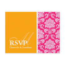 Hot Pink and Orange Damask RSVP Postcard