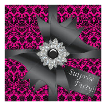 Hot Pink Black Damask Surprise Birthday Party Personalized Announcements