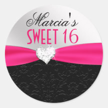 Hot Pink Black Floral Damask Diamond Heart Seal Round Stickers