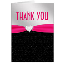 Hot Pink Black Floral Damask Diamond Thank You Cards