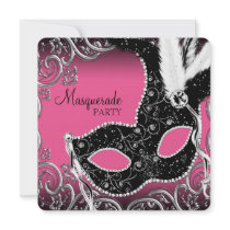 Hot Pink Black Mask Masquerade Party Custom Invitations