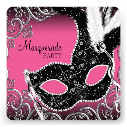 Hot Pink Black Mask Masquerade Party Custom Invitations