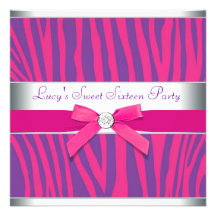 Hot Pink Bow Purple Zebra Sweet 16 Party Personalised Invitation