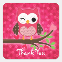 Hot Pink Cute Owl Girly Thank You Square Sticker