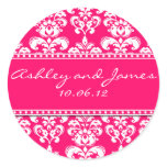 Hot Pink Damask Names and Date Wedding Stickers