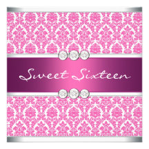 Hot Pink Damask Sweet 16 Party Personalized Invitations