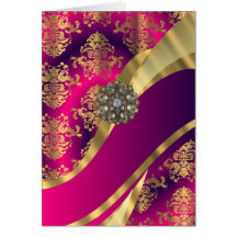 Hot pink Magenta & gold damask Greeting Card