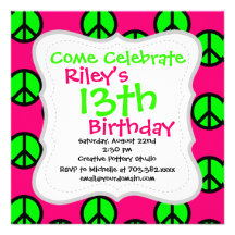 Hot Pink Neon Green Peace Sign Hippie Pattern Personalized Invite