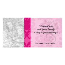 hot pink on pink chic damask pattern custom photo card