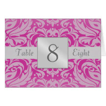 Hot Pink Silver Damask Table Number Folded Card