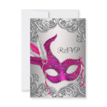Hot Pink Silver Mask Masquerade Party RSVP Personalised Announcements