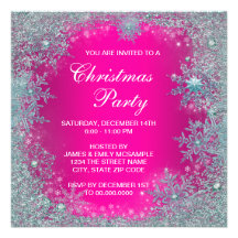 Hot Pink Teal Blue Snowflake Christmas Party Custom Invitation