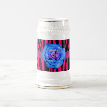 Hot pink zebra stripes monogram blue rose mugs