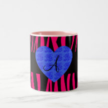 Hot pink zebra stripes monogram blue roses coffee mug