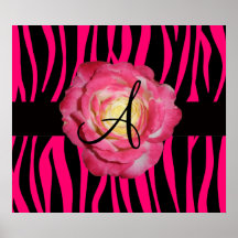Hot pink zebra stripes monogram pink rose poster