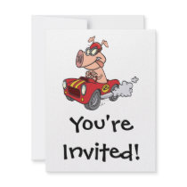 hot rod hog pig racing in car cartoon personalized invite
