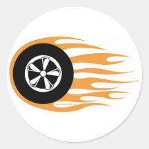 Hot rod wheel with flames round sticker