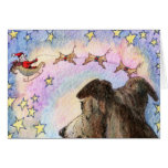 Hound Watches Santa and Reindeer in Star Sky CARD