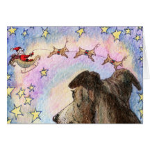 Hound Watches Santa and Reindeer in Star Sky CARD