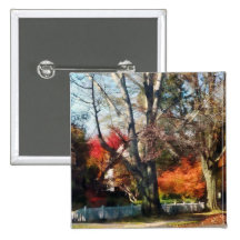 House With Picket Fence in Autumn Pinback Button