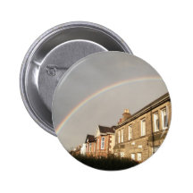 Houses with a rainbow pinback button