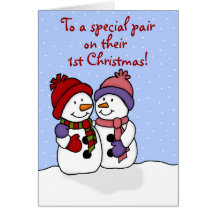 Hugging snowmen twins Christmas card