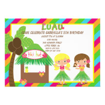 Hula Girls Tiki Hut Bright  Birthday Invitation