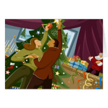 Husband and Wife Decorating Christmas Tree Greeting Card