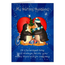 Husband Christmas Card With Kissing Penguins Heart