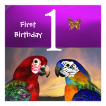 HYPER PARROTS /First Birthday Party Purple Custom Invitation