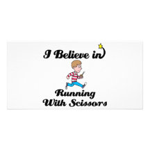 i believe in running with scissors boy personalised photo card