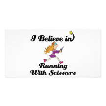 i believe in running with scissors girl customised photo card