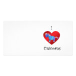 I heart unicorns in blue pink and orange photo card template