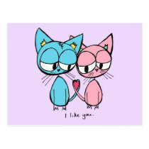 i like you - blue and pink kitties postcard postcards