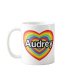 I love Audrey, rainbow heart mugs