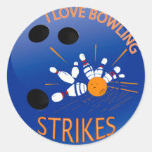 I LOVE BOWLING STRIKES ROUND STICKERS