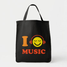 I love music happy smiley face with headphones tote bag