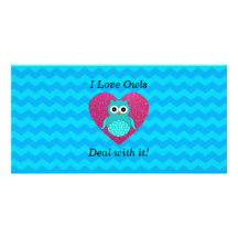 I love owls deal with it blue chevrons customized photo card
