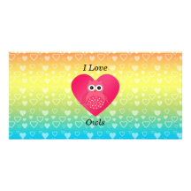 I love owls pink rainbow hearts personalized photo card