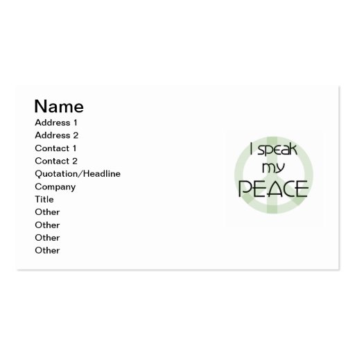 I Speak My Peace T-shirts and Gifts Business Cards