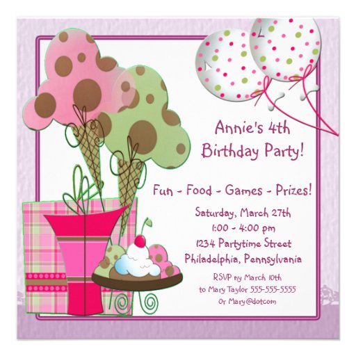 Ice Cream Balloons Girls 4th Birthday Party Custom Announcements