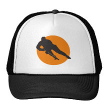 ice hockey silhouette orange circle design trucker hats