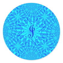 Icy Blue Fractal Monogram J Round Stickers