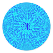 Icy Blue Fractal Monogram M Round Stickers