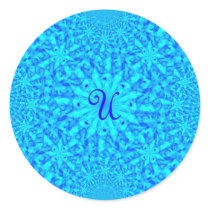 Icy Blue Fractal Monogram U Round Stickers