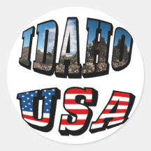 Idaho Picture State and Flag USA Text Round Sticker
