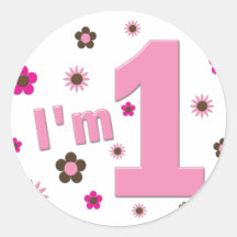 "I'm 1" Pink And Brown Flowers Birthday Round Stickers