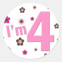 I'm 4 Pink & Brown Flowers Round Stickers